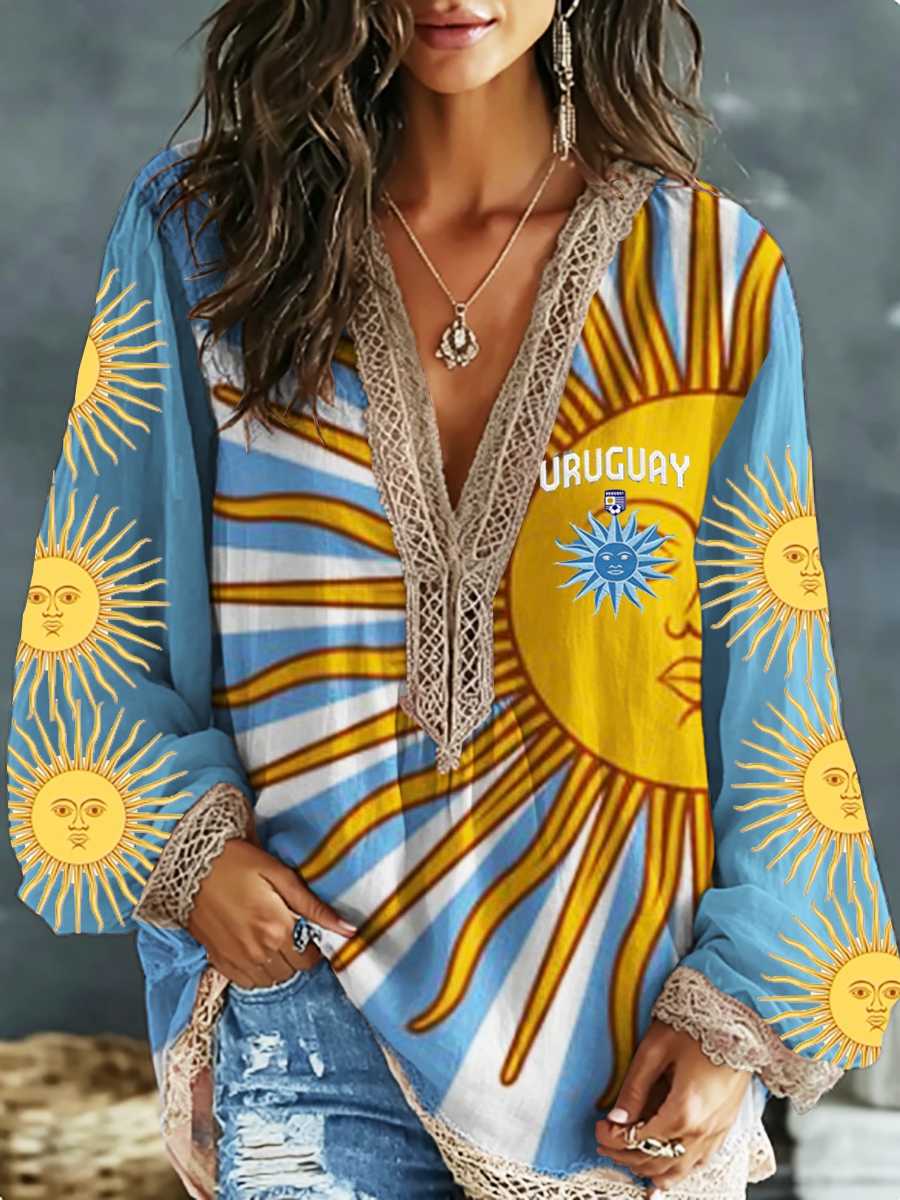 Women's Uruguay  Embroidered Cotton Linen V-Neck Long Sleeve Shirt