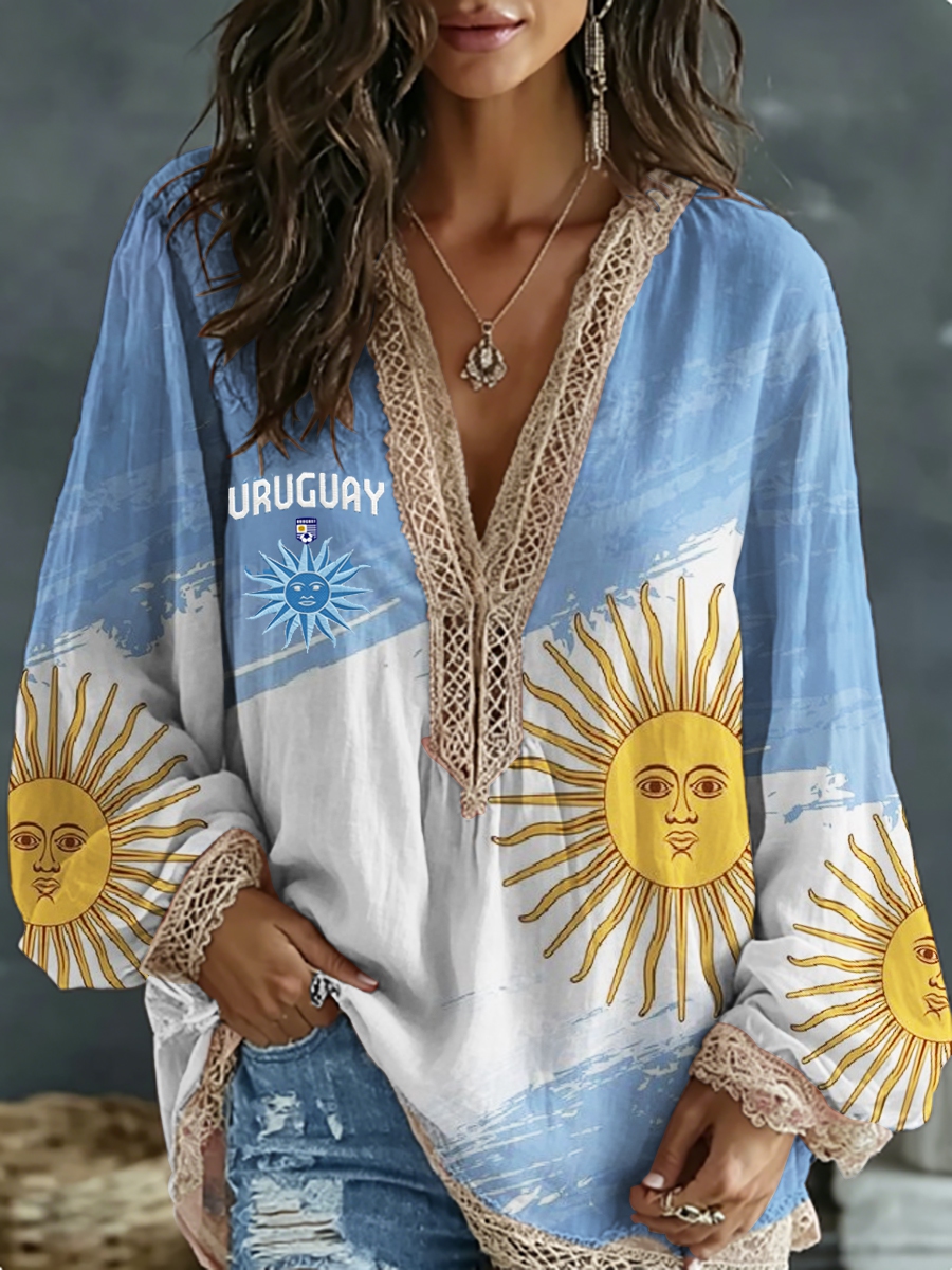 Women's Uruguay  Embroidered Cotton Linen V-Neck Long Sleeve Shirt