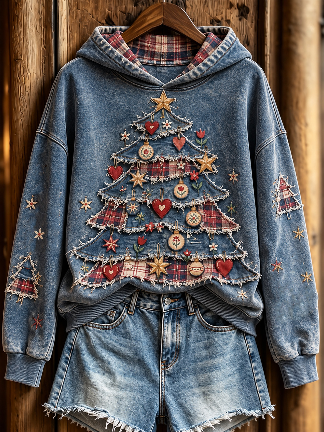 Swedish Style Patterns Women's Retro Christmas Tree Patchwork Pattern Design Casual Hoodie ...