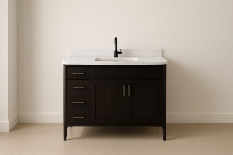 Mobile lavabo in legno scuro con piano in resina poliestere e rubinetto nero