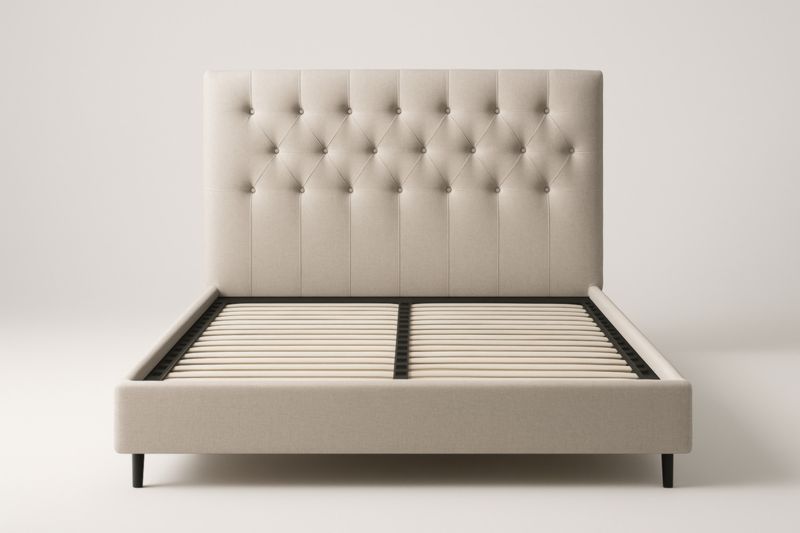 Letto Matrimoniale 160x200 Beige in Faggio Massello con Testiera Imbottita Trapuntata e Doghe in Betulla