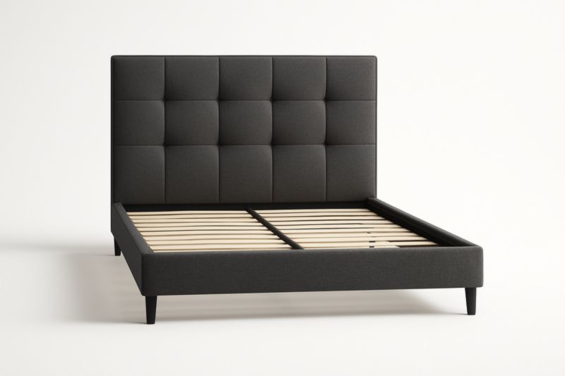 Letto Matrimoniale 160x200 Grigio in Faggio Massello con Testiera Imbottita in Tessuto e Doghe in Betulla