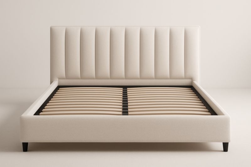 Letto Matrimoniale 160x200 Crema in Frassino Massello con Testiera Imbottita in Schiuma e Doghe in Betulla