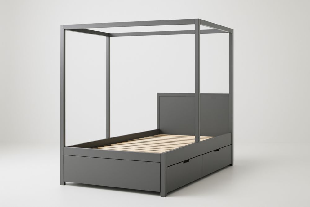 Letto a baldacchino singolo in acciaio grigio con cassetti