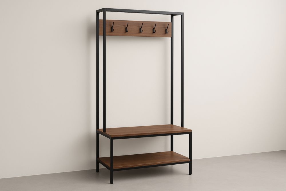 Appendiabiti in Metallo e Noce con Ripiani 180x90x40 cm Nero e Noce