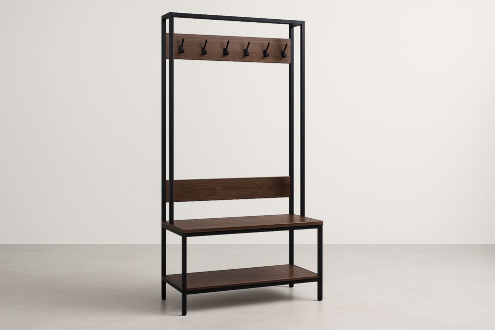 Appendiabiti in Metallo e Legno con Panca Nero Marrone