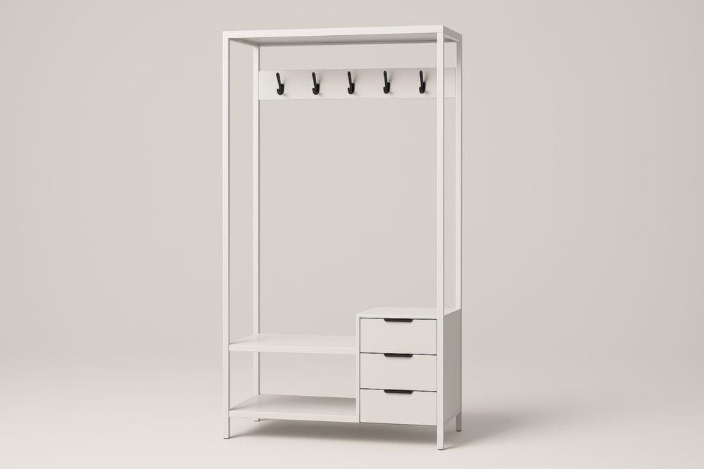Appendiabiti Autoportante in Acciaio Bianco con Cassetti e Ganci