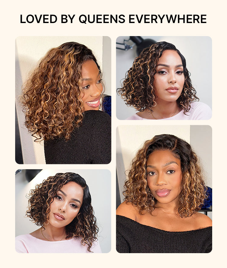 Ready to Go Blonde Highlight / Natural Black Water Wave Short Curly Bob Wig Glueless Minimalist HD Lace Wig Pre-Cut Lace-29