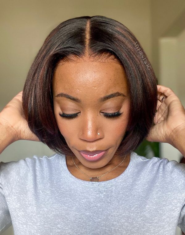 Full Layered Yaki Bob Wig with Curtain Bangs Brown Highlight Glueless