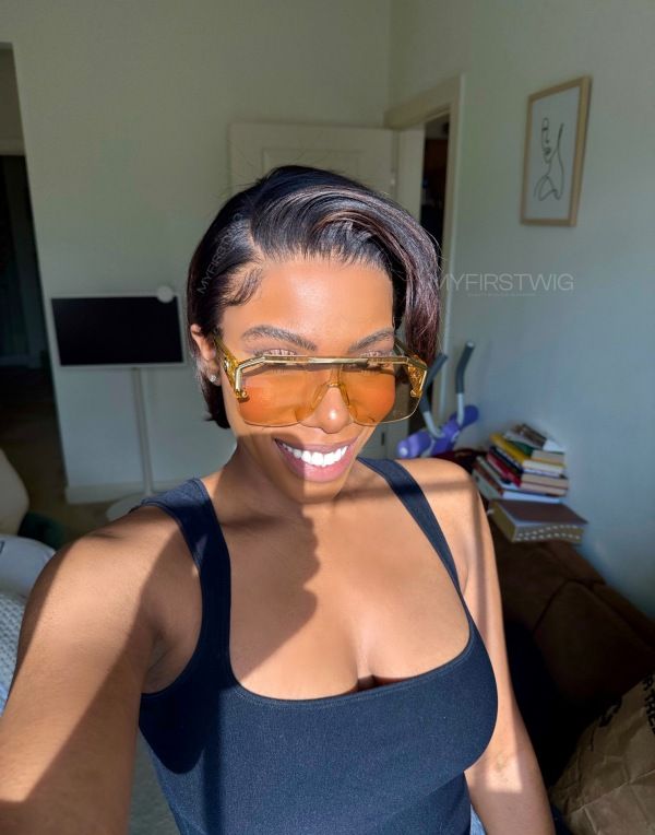 Full Layered Yaki Bob Wig with Curtain Bangs Brown Highlight Glueless
