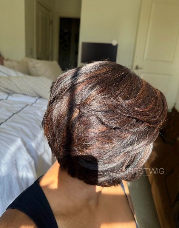 Full Layered Yaki Bob Wig with Curtain Bangs Brown Highlight Glueless