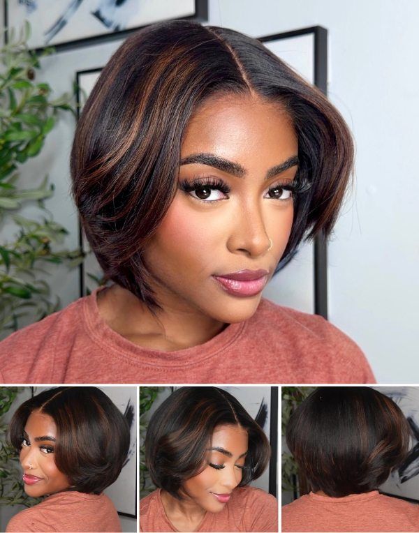 Full Layered Yaki Bob Wig with Curtain Bangs Brown Highlight Glueless