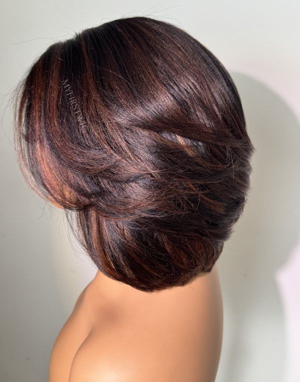 Full Layered Yaki Bob Wig with Curtain Bangs Brown Highlight Glueless