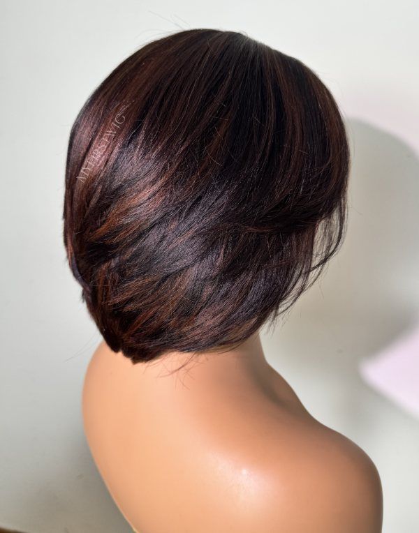 Full Layered Yaki Bob Wig with Curtain Bangs Brown Highlight Glueless