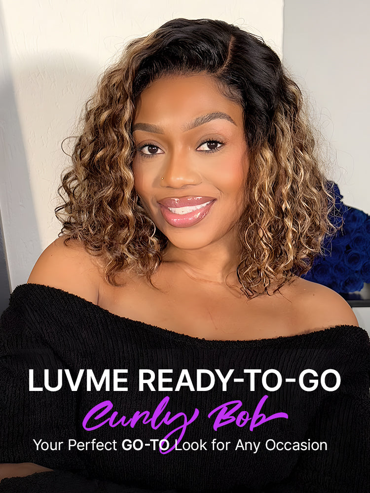 Ready to Go Blonde Highlight / Natural Black Water Wave Short Curly Bob Wig Glueless Minimalist HD Lace Wig Pre-Cut Lace-25