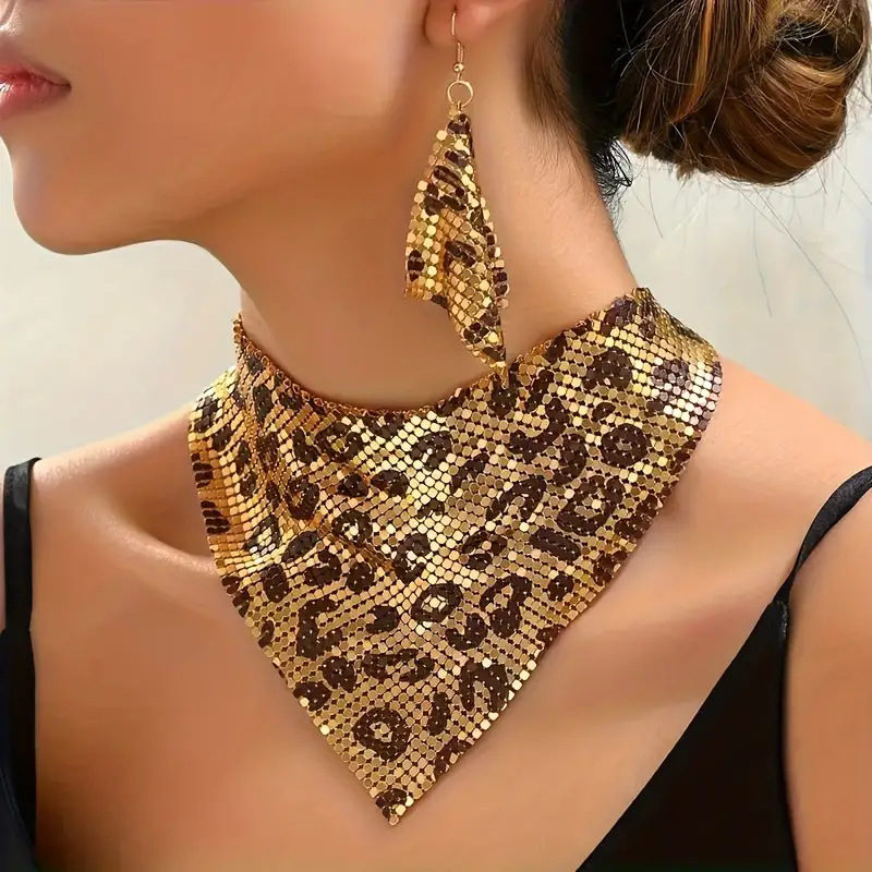 Collier et boucles d’oreilles pour femmes – Foulard triangulaire léopard, look tendance audacieux