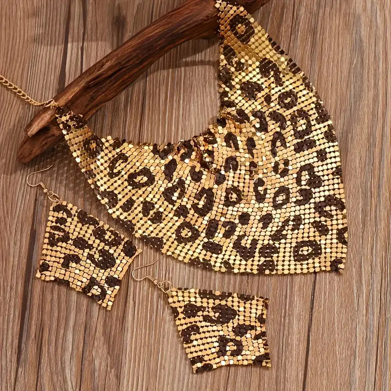 Collier et boucles d’oreilles pour femmes – Foulard triangulaire léopard, look tendance audacieux
