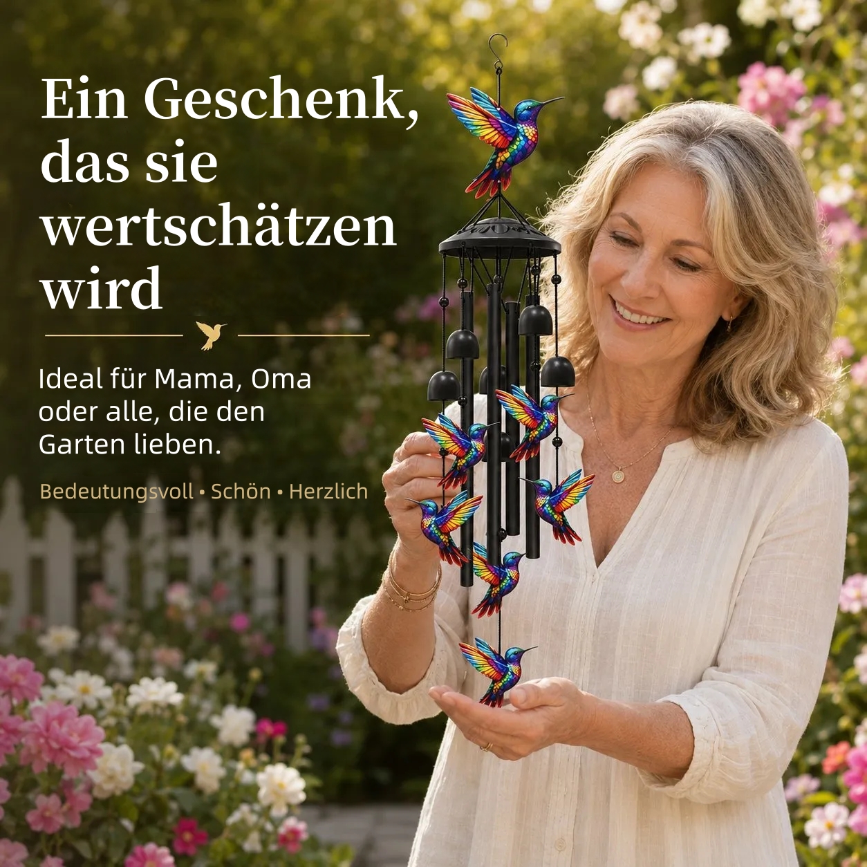🔥Letzter Tag – 60 % RABATT🔥 – 🐦 Buntes Kolibri-Windspiel im Vintage-Stil mit Metallröhren und Glöckchen