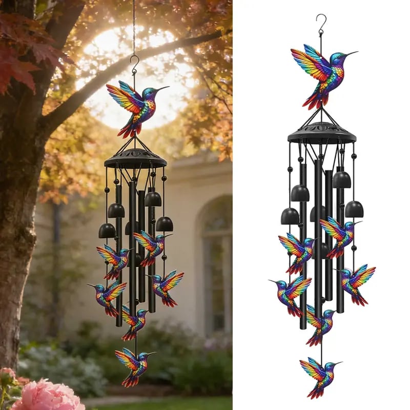 🔥Letzter Tag – 60 % RABATT🔥 – 🐦 Buntes Kolibri-Windspiel im Vintage-Stil mit Metallröhren und Glöckchen