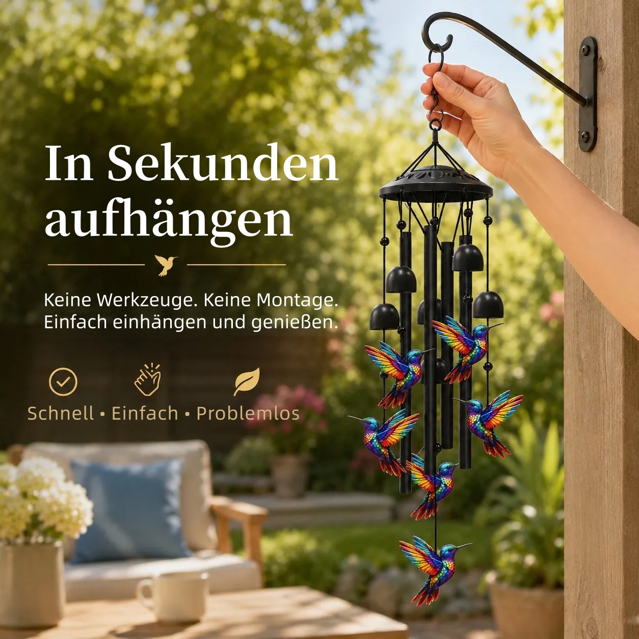 🔥Letzter Tag – 60 % RABATT🔥 – 🐦 Buntes Kolibri-Windspiel im Vintage-Stil mit Metallröhren und Glöckchen