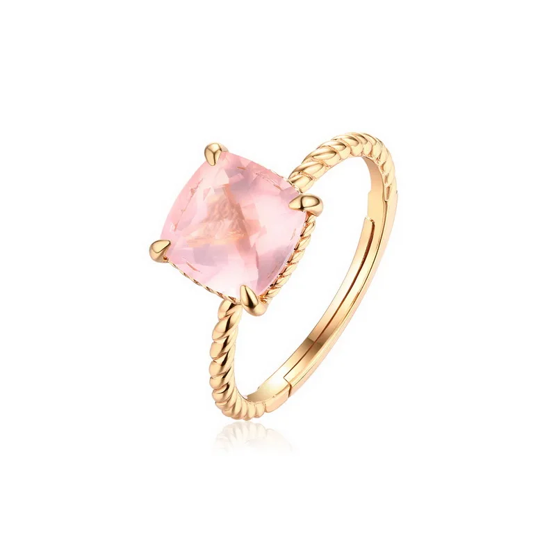 JewelyKing S925 Silver Single Stone Finger pink square Natural Rose Quartz Ring JKRS0271