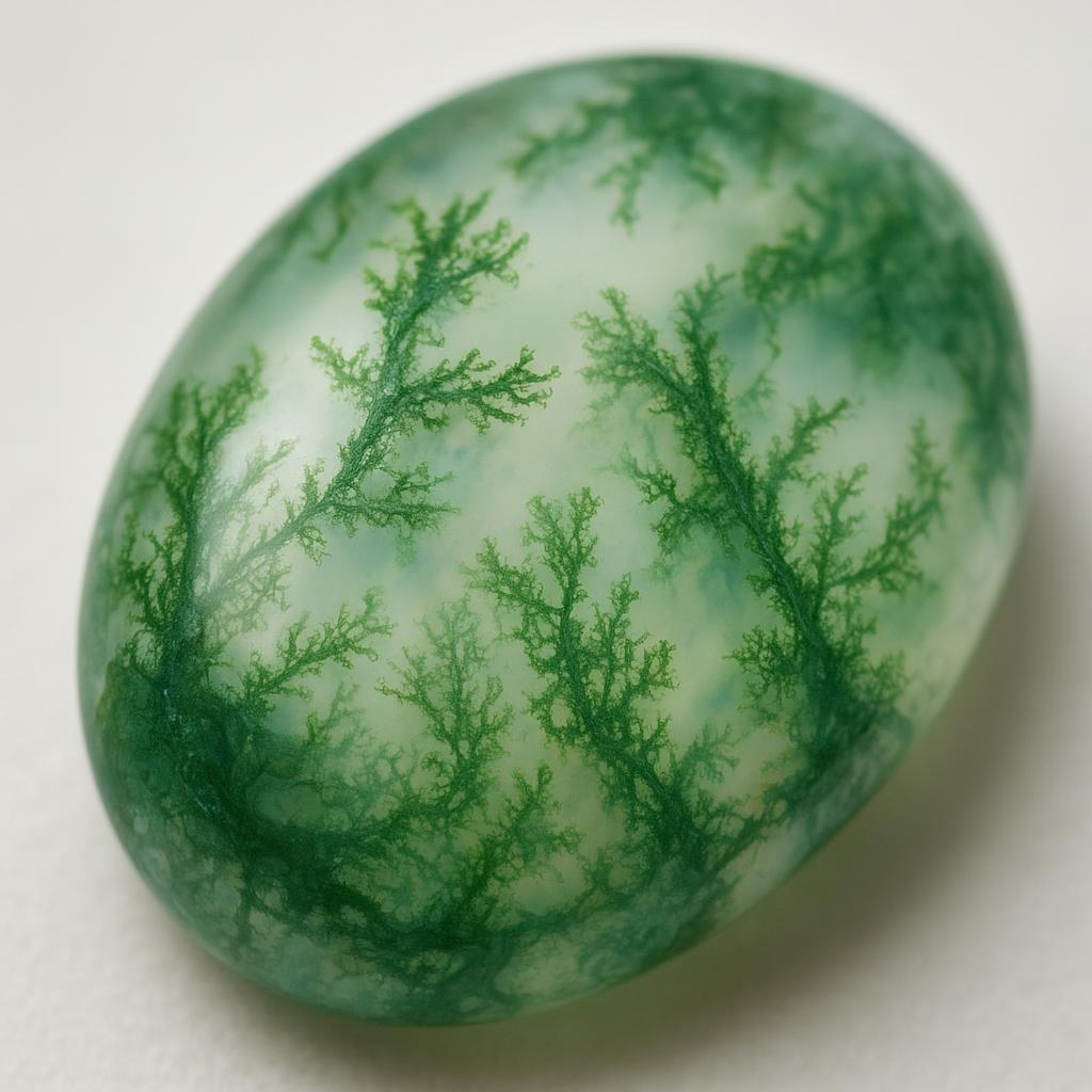 Macro close-up of moss agate inclusions inside translucent stone