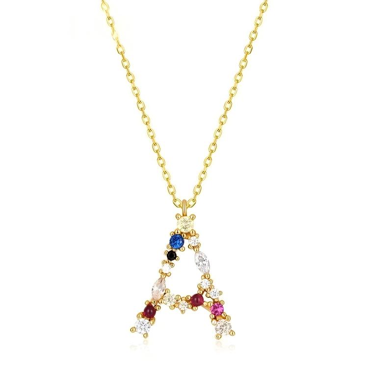 JewelyKing S925 Silver Gold Plated Rainbow Initial Letter Zircon Pendant Chain Necklace