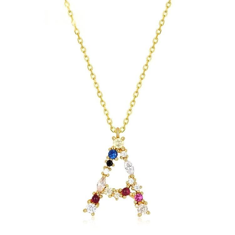 JewelyKing S925 Silver Gold Plated Rainbow Initial Letter Zircon Pendant Chain Necklace