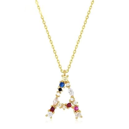 JewelyKing S925 Silver Gold Plated Rainbow Initial Letter Zircon Pendant Chain Necklace