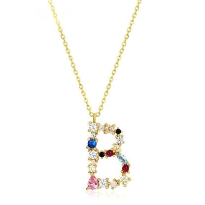 JewelyKing S925 Silver Gold Plated Rainbow Initial Letter Zircon Pendant Chain Necklace