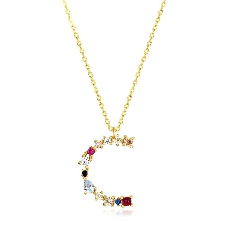 JewelyKing S925 Silver Gold Plated Rainbow Initial Letter Zircon Pendant Chain Necklace
