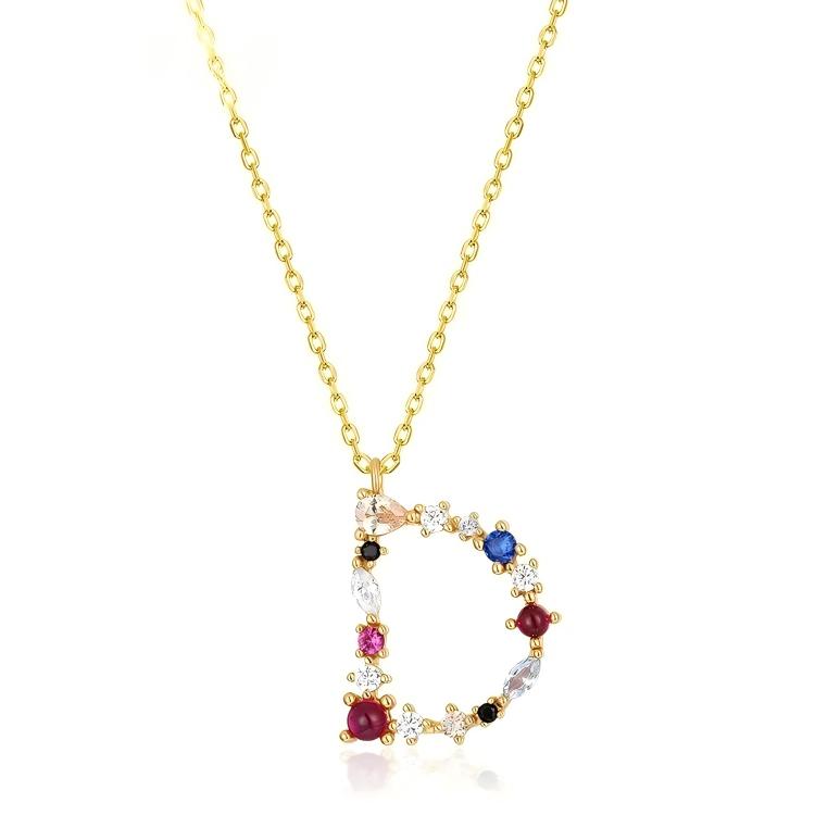 JewelyKing S925 Silver Gold Plated Rainbow Initial Letter Zircon Pendant Chain Necklace