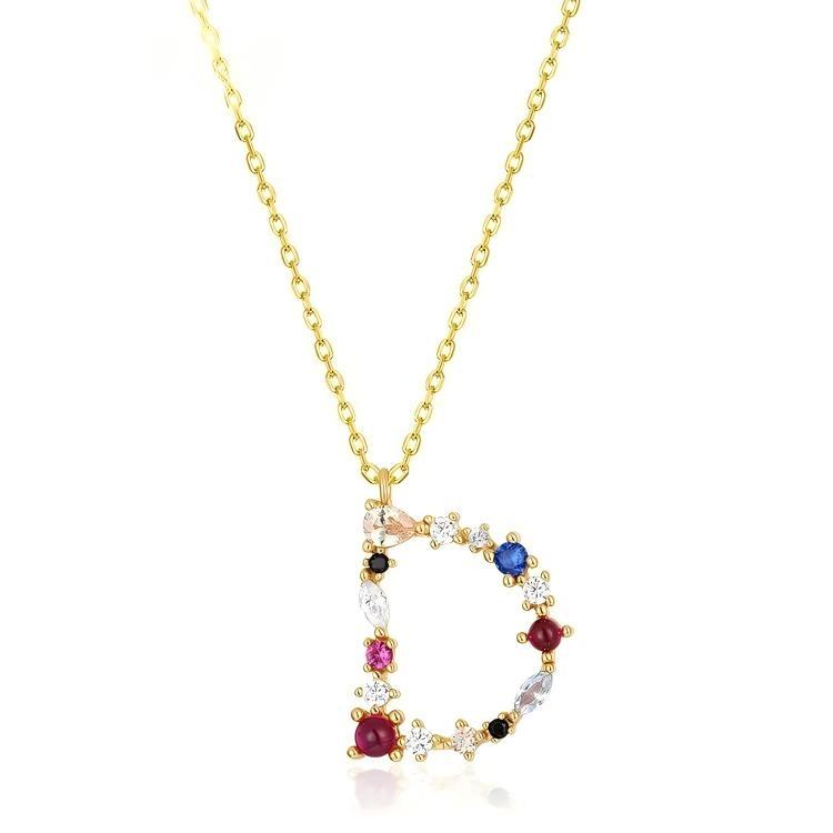 JewelyKing S925 Silver Gold Plated Rainbow Initial Letter Zircon Pendant Chain Necklace