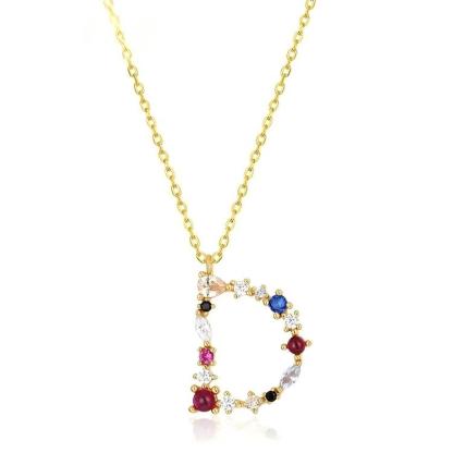 JewelyKing S925 Silver Gold Plated Rainbow Initial Letter Zircon Pendant Chain Necklace