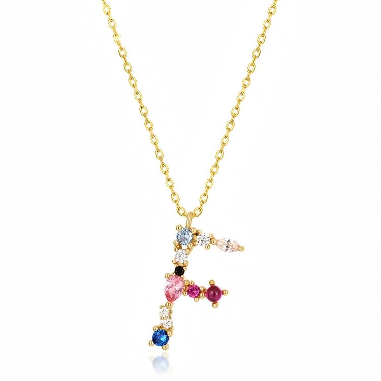 JewelyKing S925 Silver Gold Plated Rainbow Initial Letter Zircon Pendant Chain Necklace