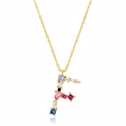 JewelyKing S925 Silver Gold Plated Rainbow Initial Letter Zircon Pendant Chain Necklace