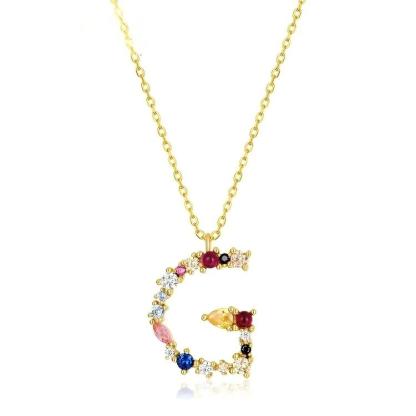 JewelyKing S925 Silver Gold Plated Rainbow Initial Letter Zircon Pendant Chain Necklace