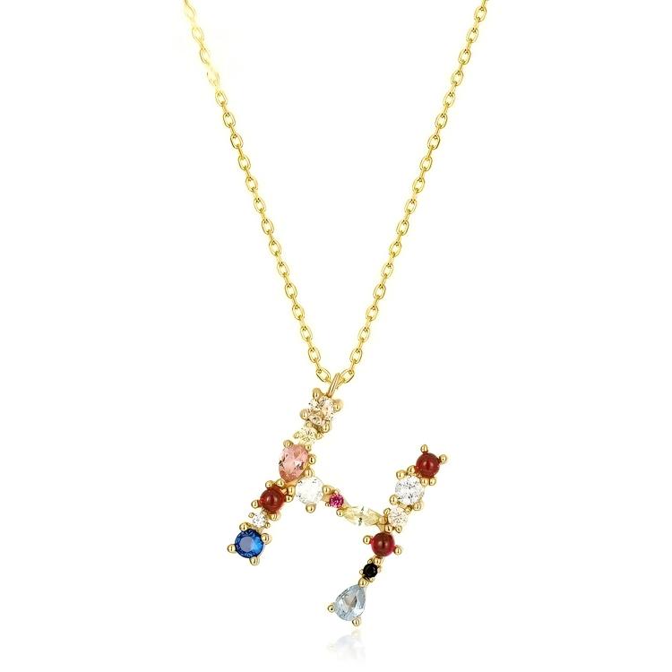 JewelyKing S925 Silver Gold Plated Rainbow Initial Letter Zircon Pendant Chain Necklace