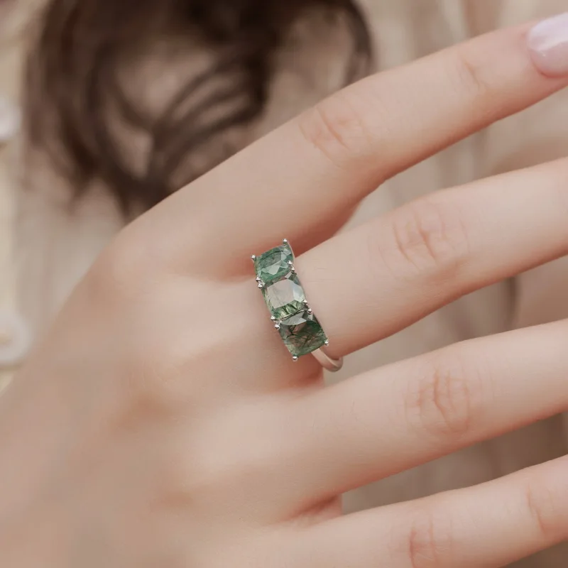 JewelyKing S925 Sterling Silver Natural Green Moss Agate Three Stone Ring JKRS0189