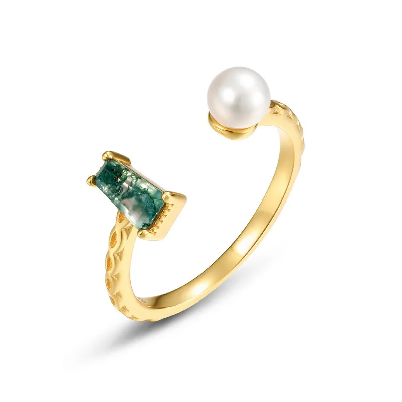 JewelyKing S925 Sterling Silver Open Gemstone Jewelry 18k Gold Plated Green Moss Agate Pearl Engagement Ring JKRS0127