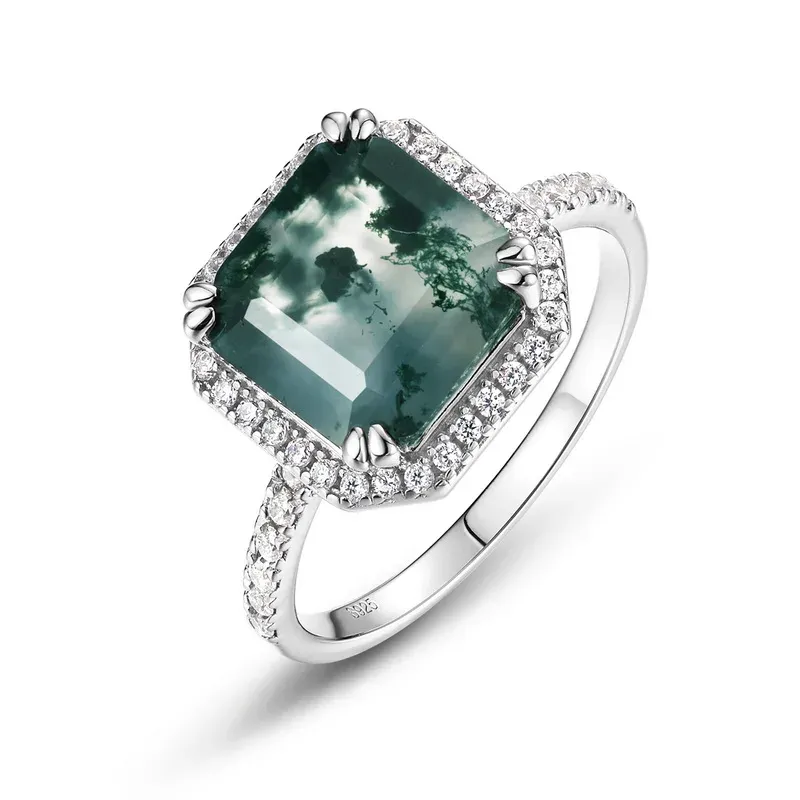 JewelyKing S925 Sterling Silver Asscher Cut Gemstone Moss Agate Engagement Ring JKRS0182