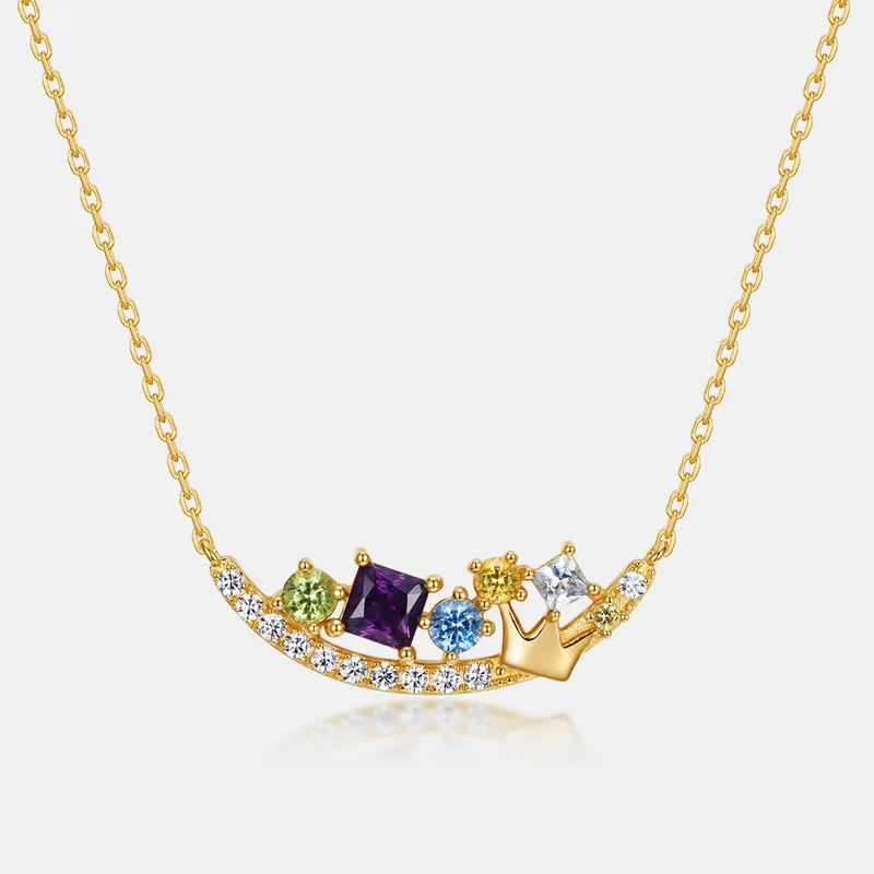 New Smiling Crown Light Luxury Retro Necklace Female S925 Silver Inlaid Multi-Colored Zircon Clavicle Chain Necklace