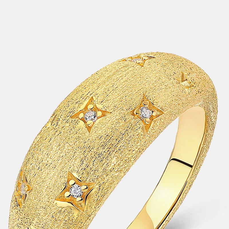 Jewelyking S925 Sterling Silver French Retro Starry Brushed Ring 14K Gold Plated Simple Light Luxury Jewelry JKRS0102
