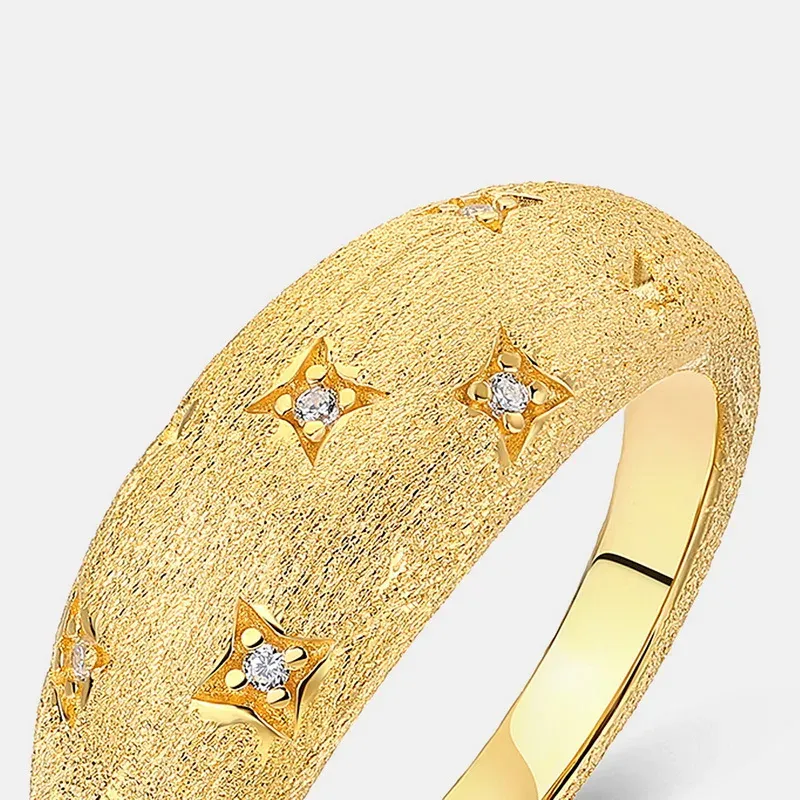 Jewelyking S925 Sterling Silver French Retro Starry Brushed Ring 14K Gold Plated Simple Light Luxury Jewelry JKRS0102
