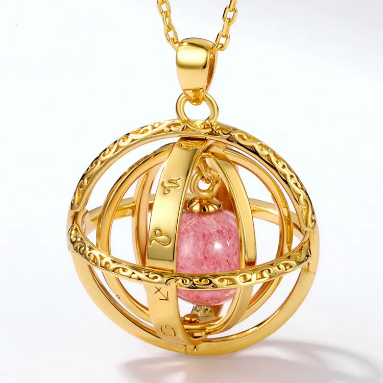 JewelyKing S925 Sterling Silver Popular Zodiac Globe Design Strawberry Quartz Crystal Gemstone Pendant Necklace JKNS158
