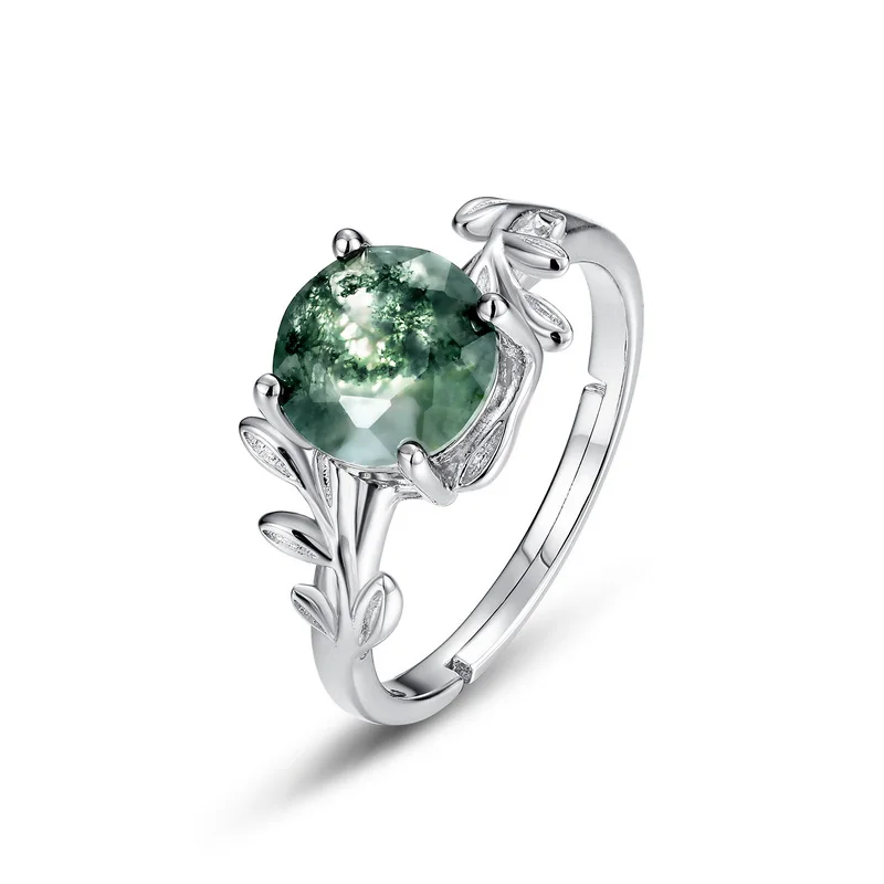 JewelyKing S925 Sterling Silver Green Moss Agate Gemstone Round Engagement Ring JKRS0222