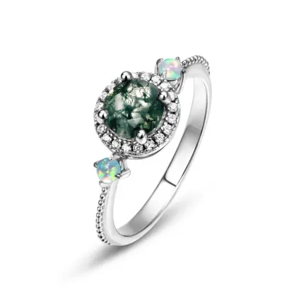 JewelyKing S925 Silver Gemstone Adjustable Shiny Zircon Synthetic Opal Round Shape Green Moss Agate Rings JKRS0234