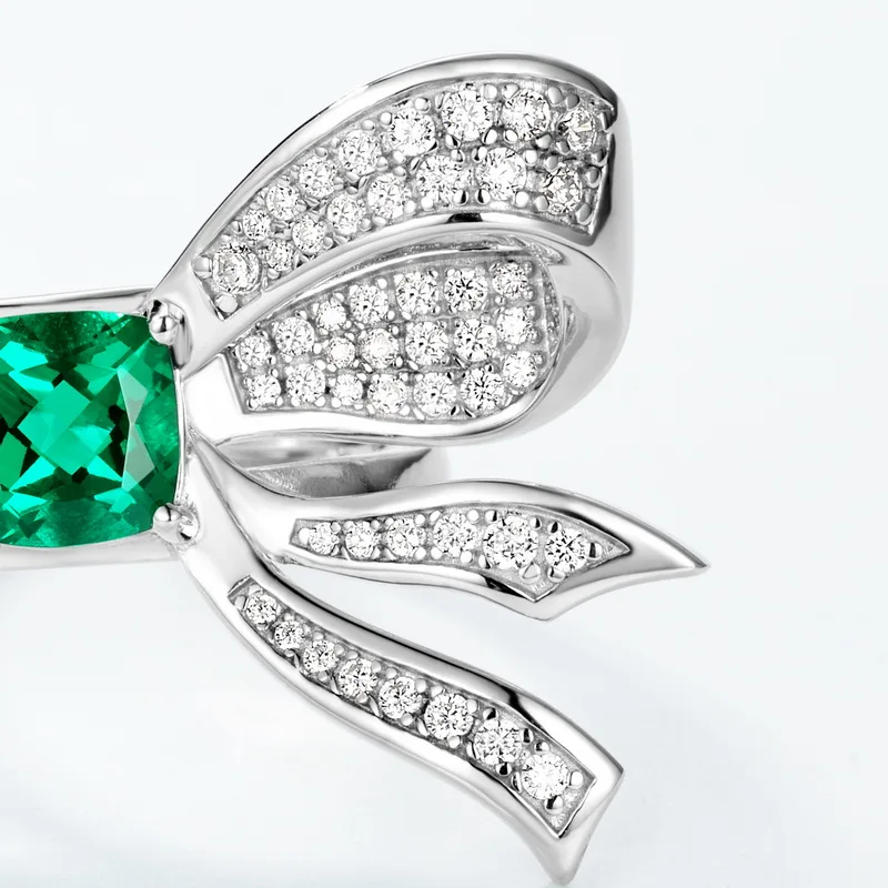 New Cushion Cut Half Bow Knot Lab Grown Emerald Ring S925 Sterling Silver French Style Daily Commuting Jewelry for Women