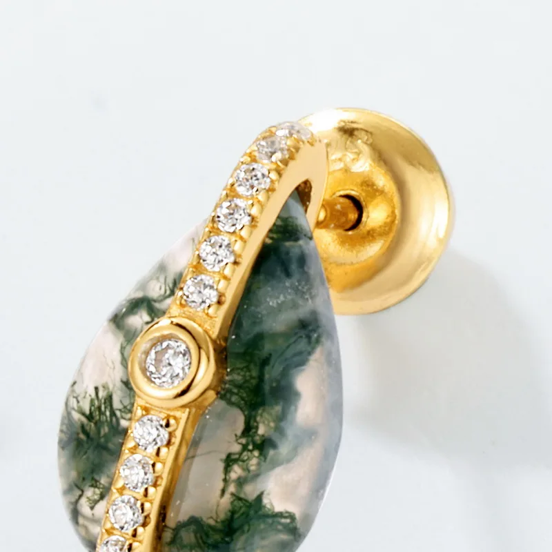 Jewelyking S925 Sterling Silver Elegant Retro Gold Plated Natural Green Moss Agate Earrings JKES0094