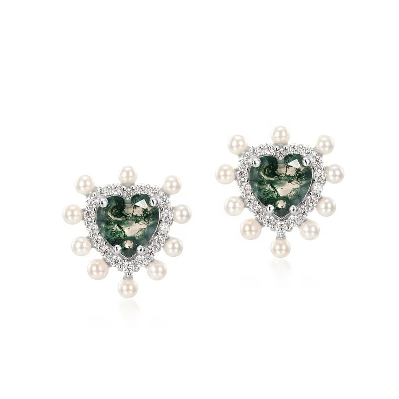 Jewelyking Dainty Real Silver Gemstone Bling Zircon Cute Heart Shape Moss Agate Stud Earrings JKES0080